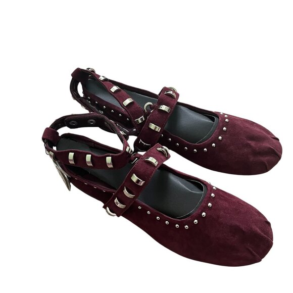 Zara Studded Suede Ballet Flats - Burgundy Red - Size 10 - Ankle Strap - Chic - Picture 6 of 9